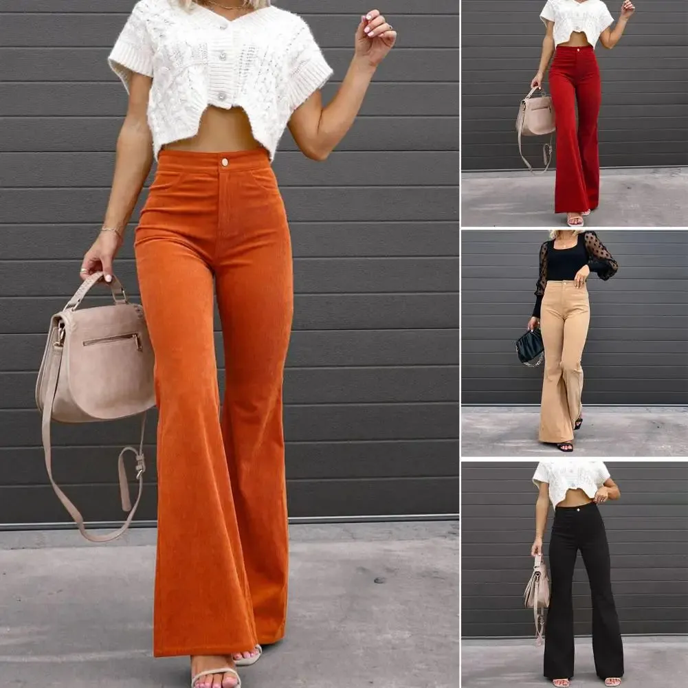 FLYTONN-Women Flared Pants Solid Color Horn Shape Lady Pants High Waist Button-up Slim Fit Full Length Female Trousers For Dating