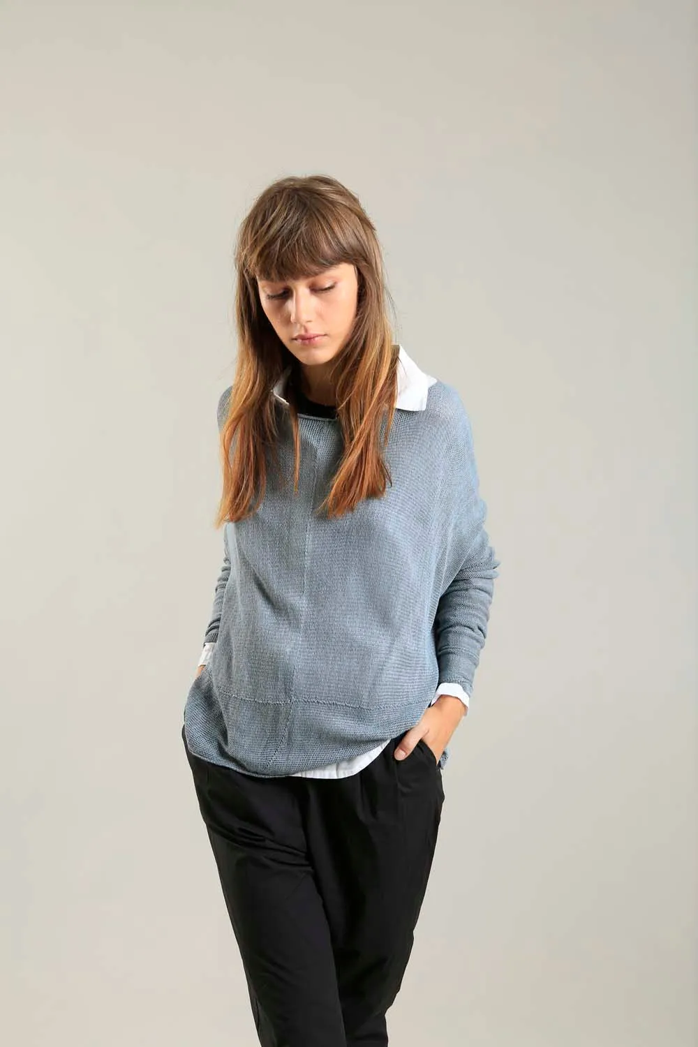 Fog Dusty Powder Blue boat neck Oversize knitted shirt with Long Sleeves