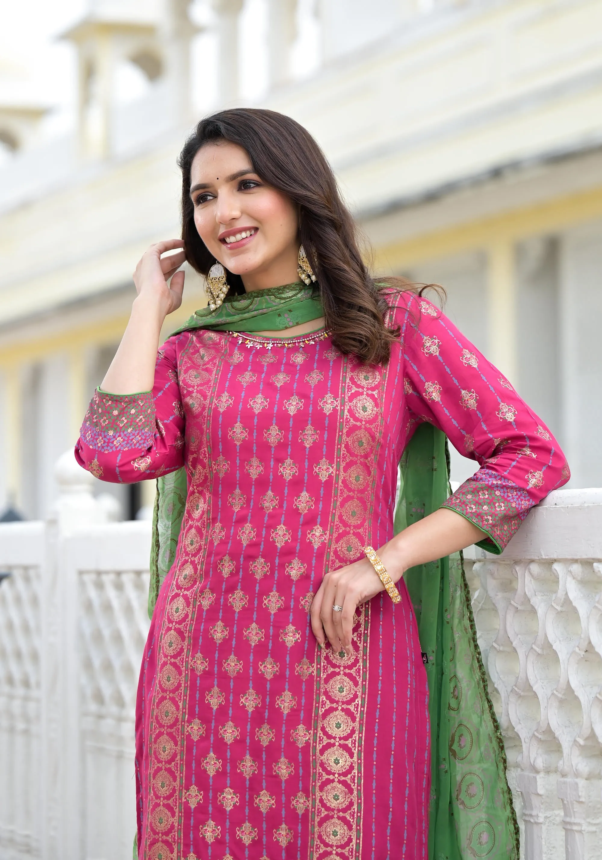 Fuchsia Ethnic Motif Printed Muslin Kurta Pant With Dupatta Set With Beads & Sequins