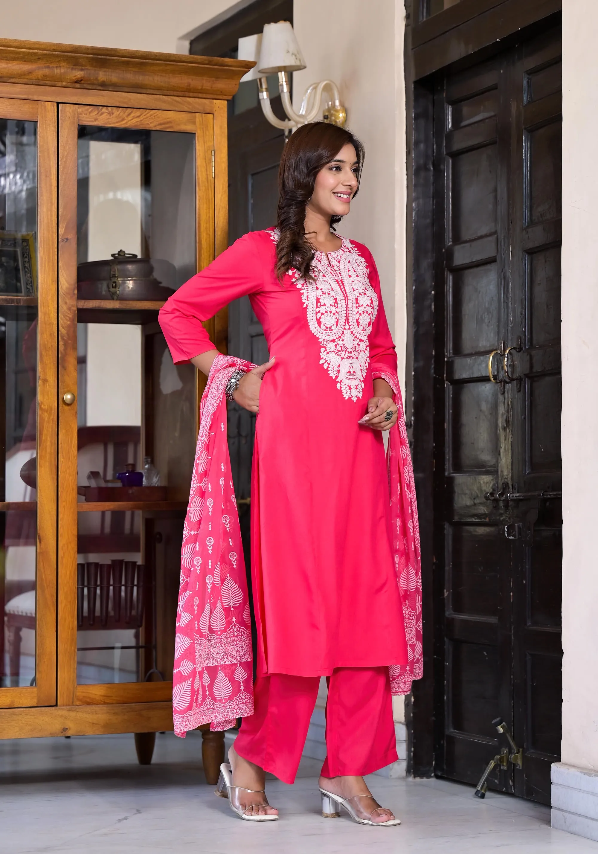 Fuchsia Thread Embroidered Rayon Kurta Set