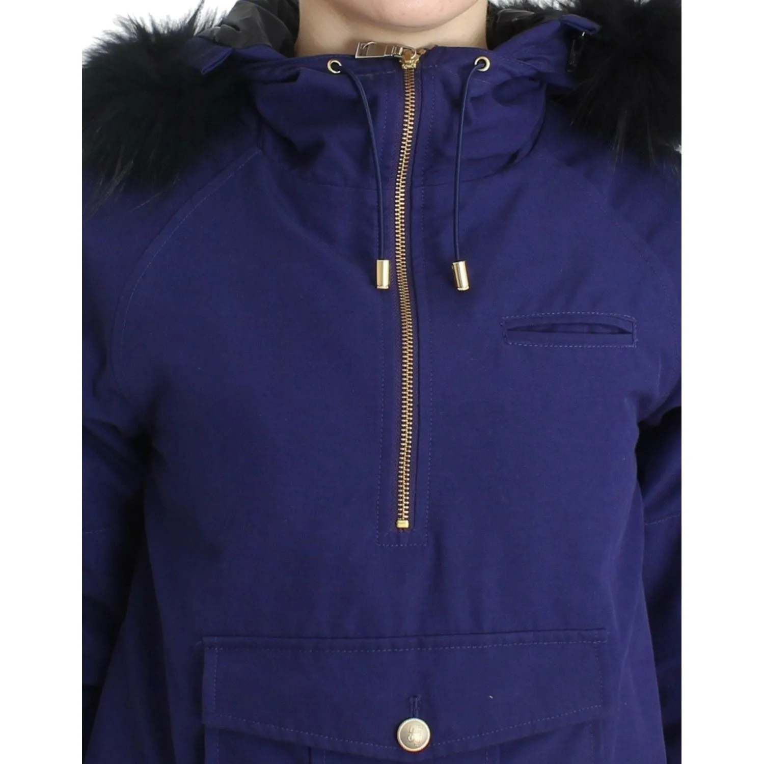 GF Ferre Chic Blue K-Way Jacket with Faux Fur Accent