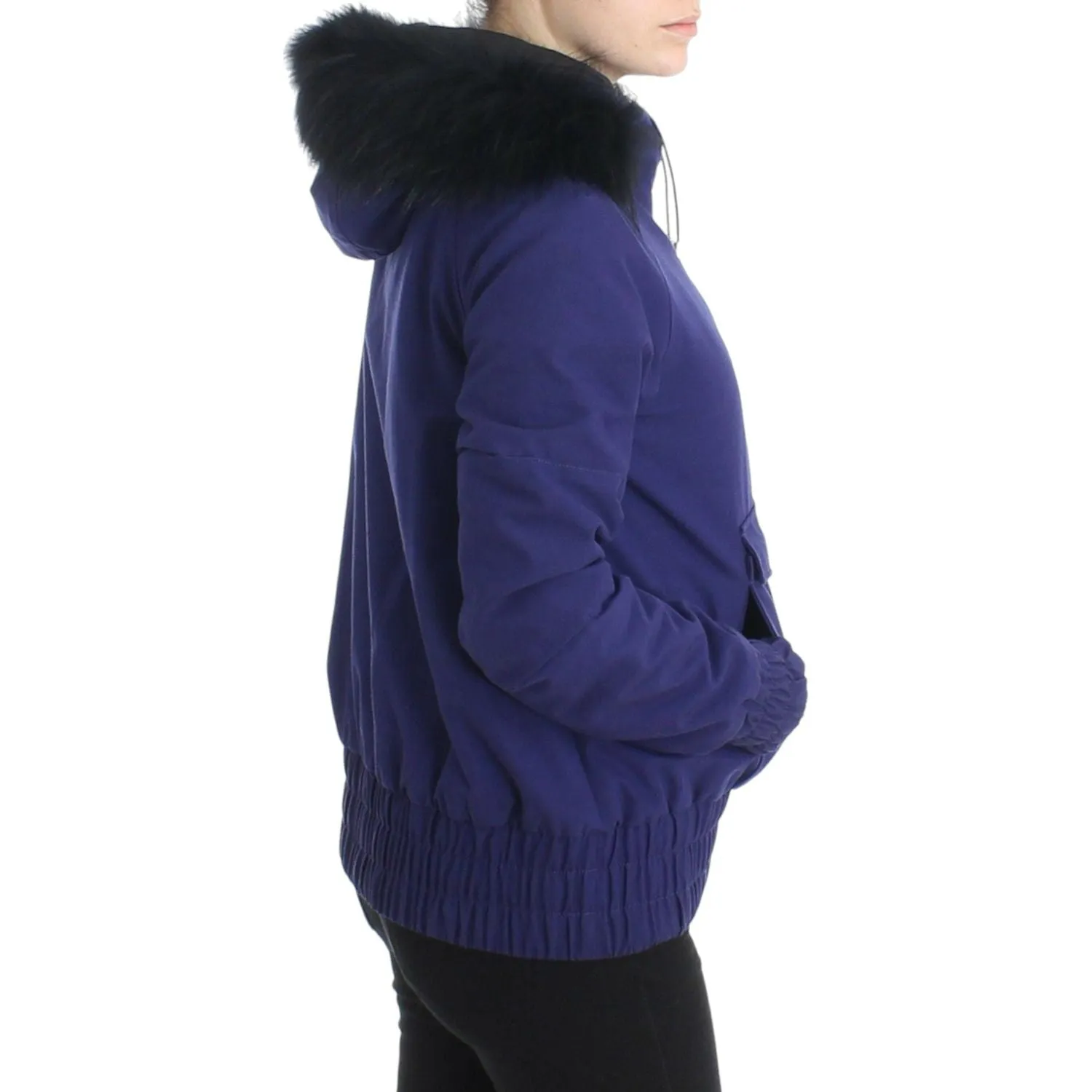 GF Ferre Chic Blue K-Way Jacket with Faux Fur Accent