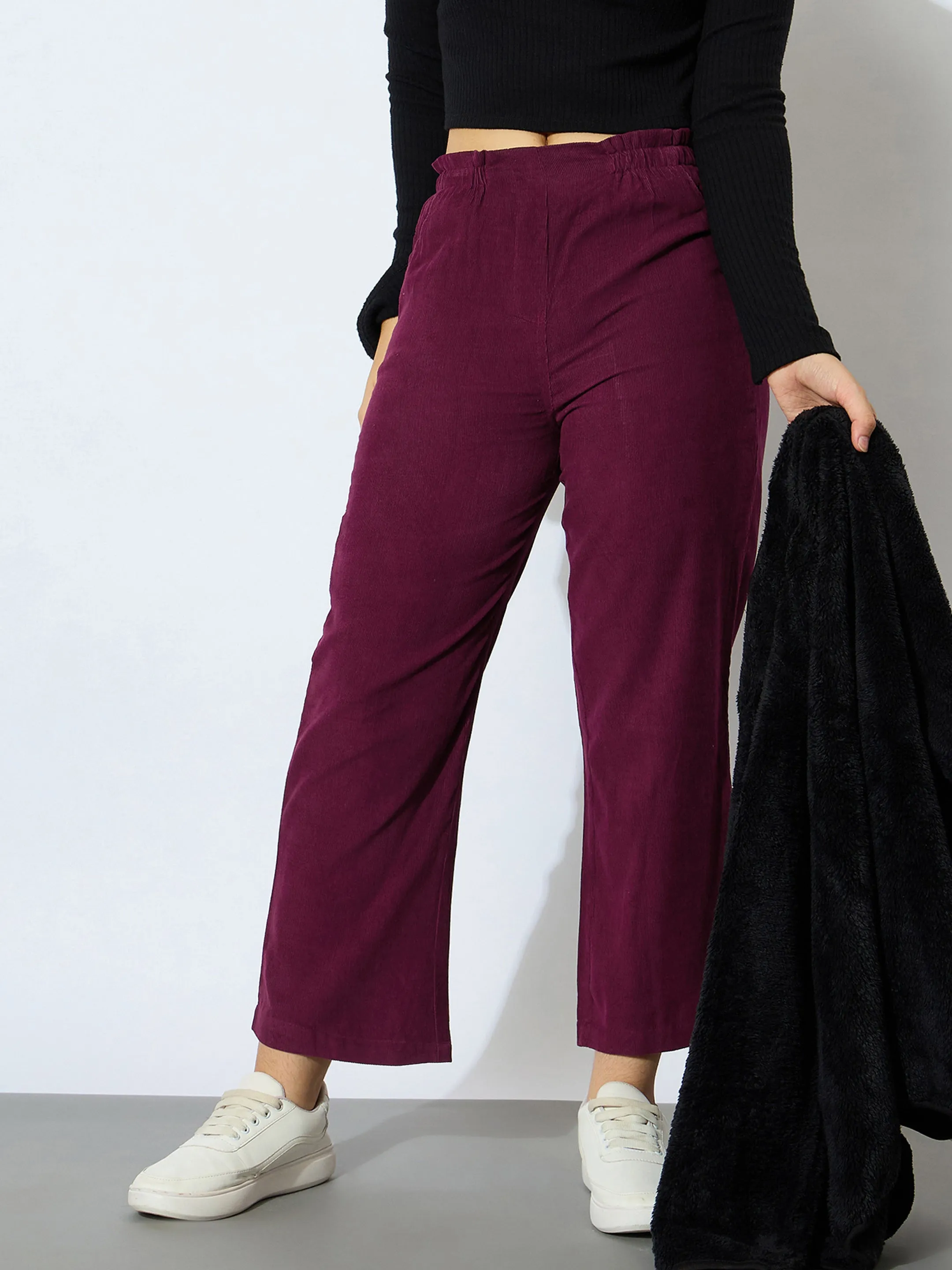 Girl Maroon Corduroy Paper Bag Waist Pants