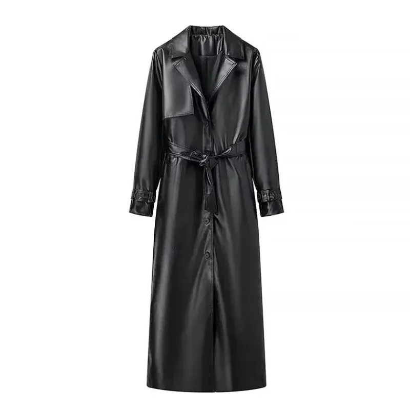 Girlary Vintage PU Leather Overcoat Women Belt Lapel Single Breasted Full Sleeve Long Coats 2024 Autumn Winter Elegant Women's Coat