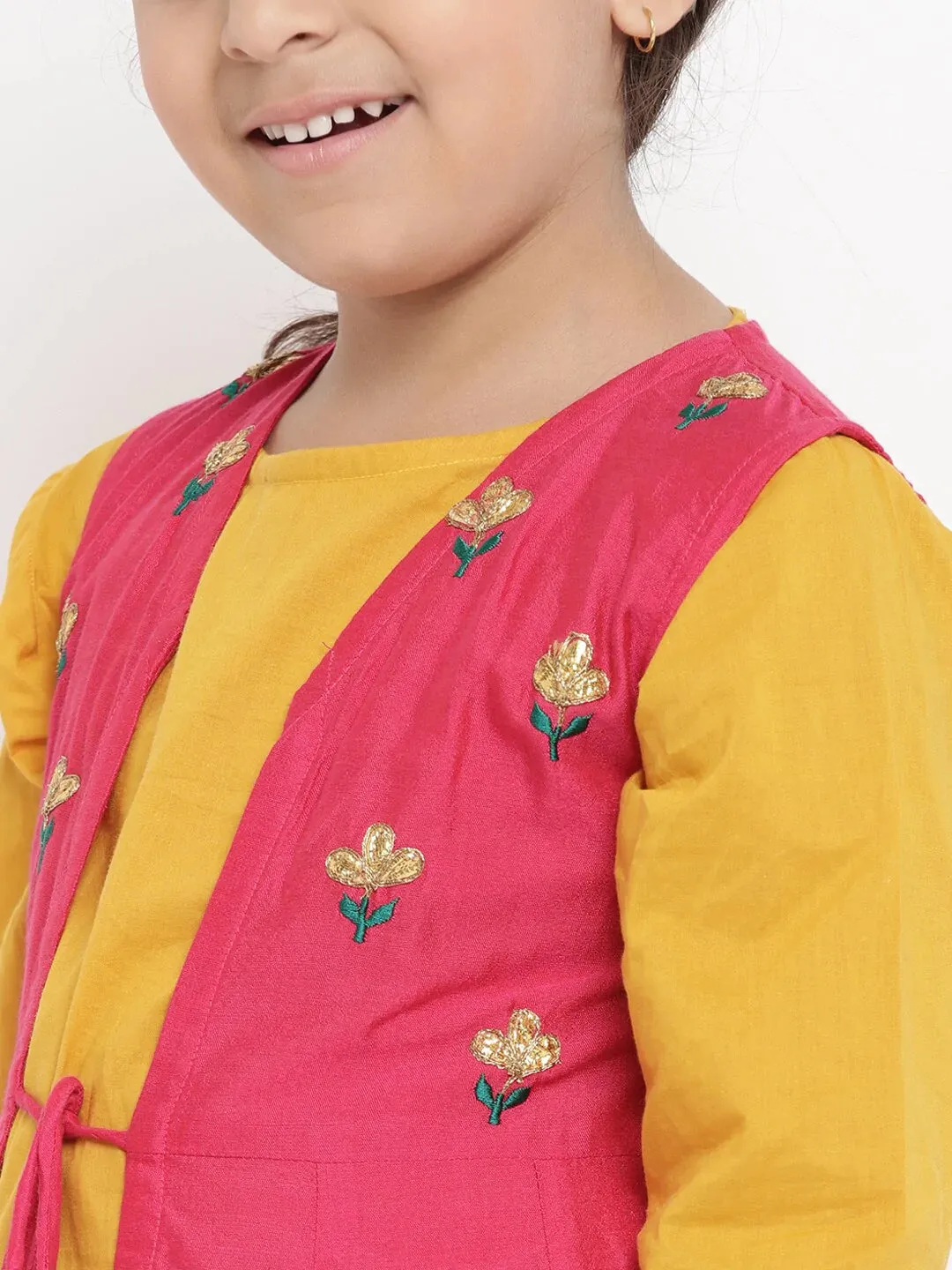 Girls Mustard Yellow & Pink Embroidered Kurti With Palazzos