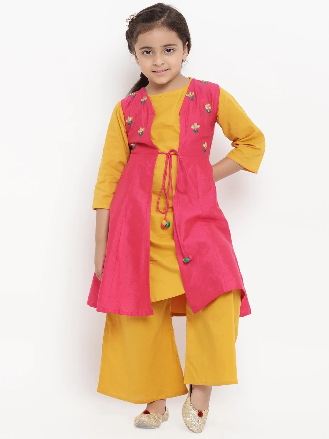 Girls Mustard Yellow & Pink Embroidered Kurti With Palazzos