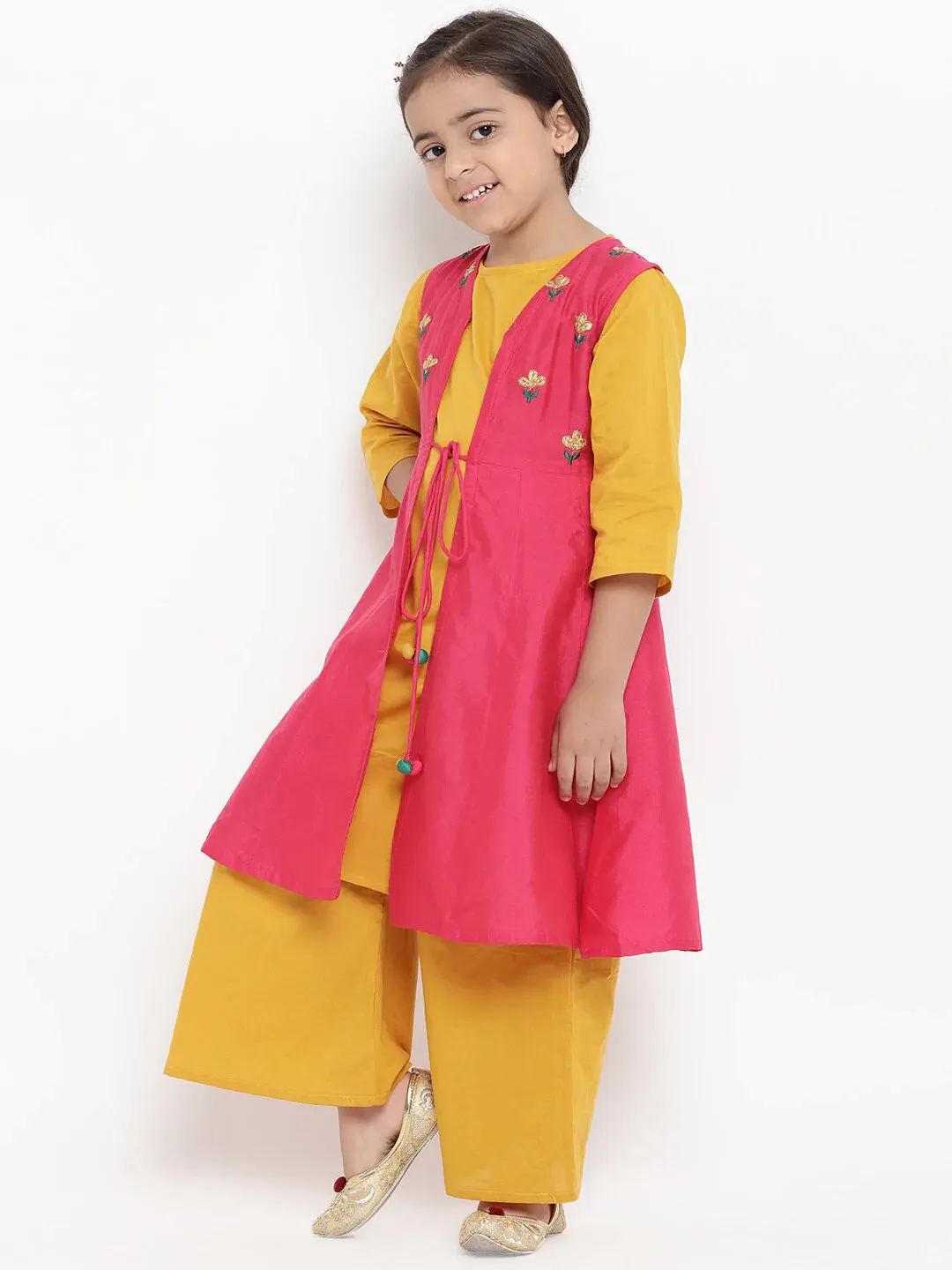 Girls Mustard Yellow & Pink Embroidered Kurti With Palazzos