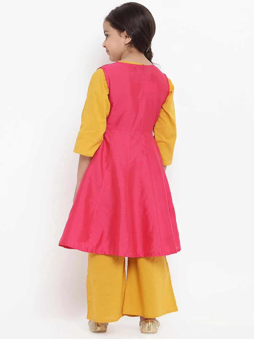 Girls Mustard Yellow & Pink Embroidered Kurti With Palazzos