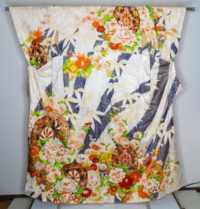 Gorgeous Floral Silk Furisode - Shippo Pattern Bamboo Leaves Traditional Circles Colorful Flowers