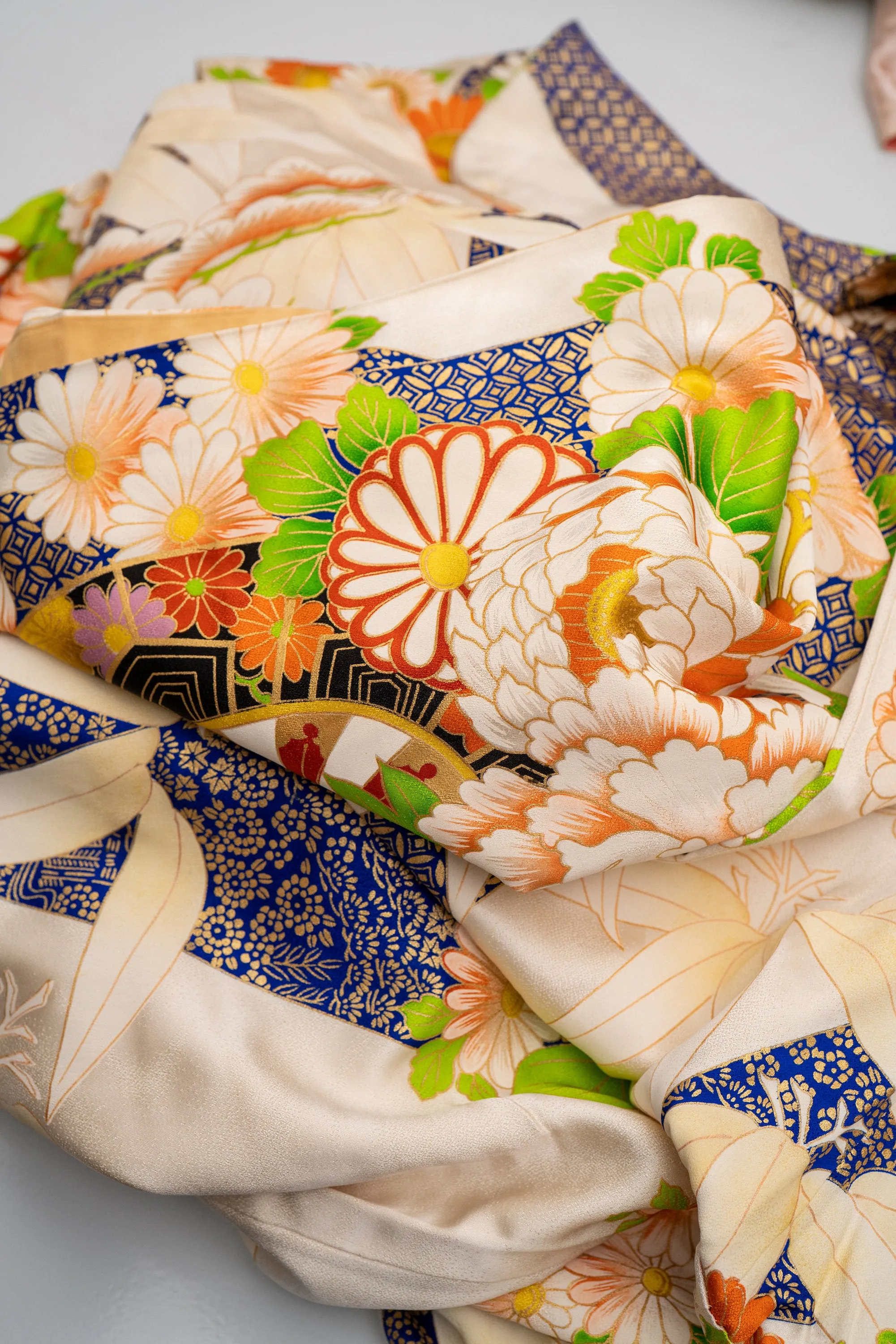 Gorgeous Floral Silk Furisode - Shippo Pattern Bamboo Leaves Traditional Circles Colorful Flowers