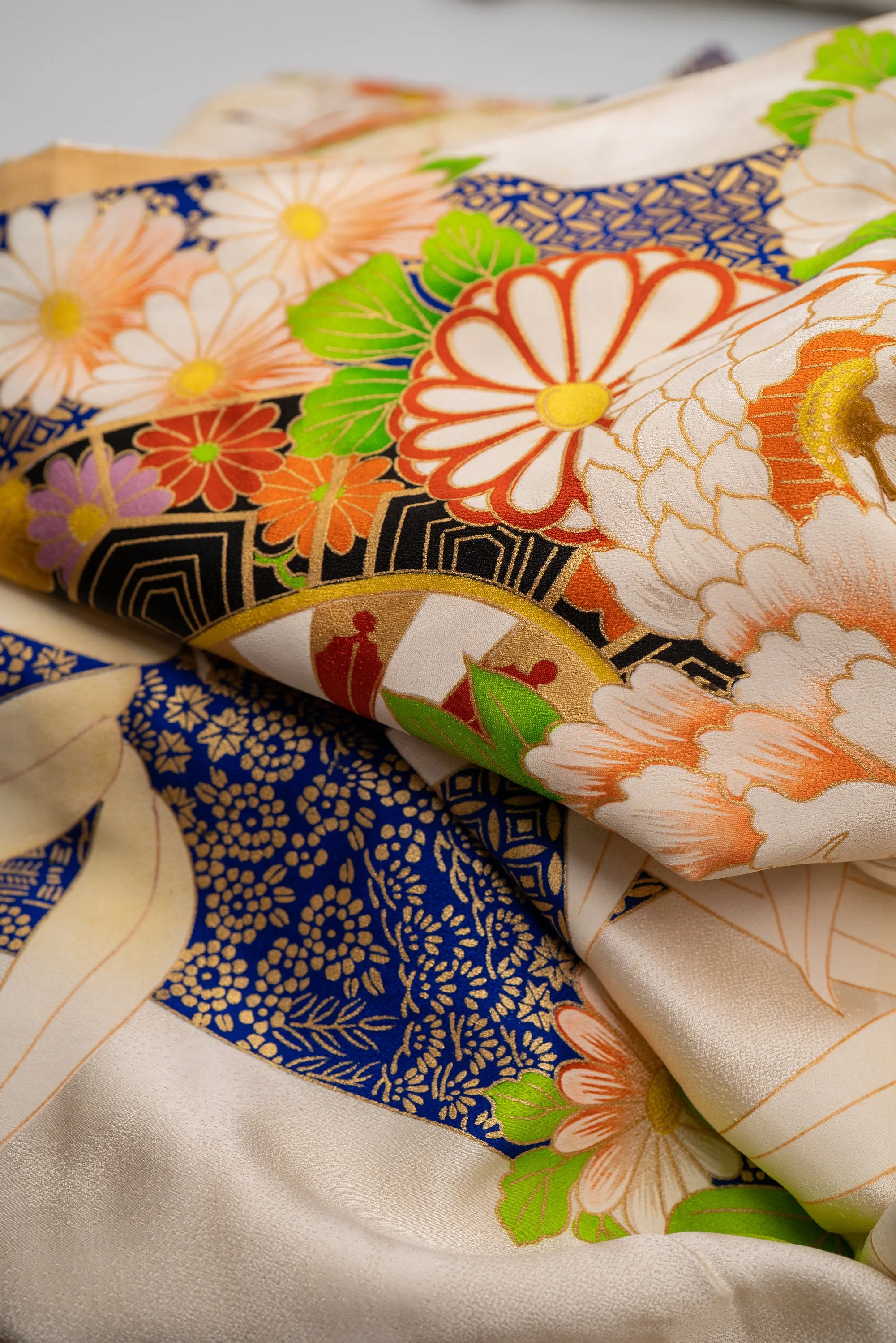 Gorgeous Floral Silk Furisode - Shippo Pattern Bamboo Leaves Traditional Circles Colorful Flowers