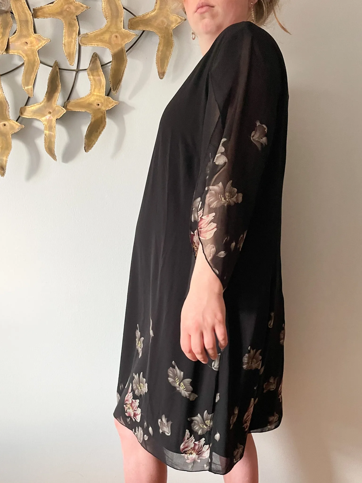 Grace Karin Black Floral Chiffon Slit Sleeve Dress NWT - 2XL