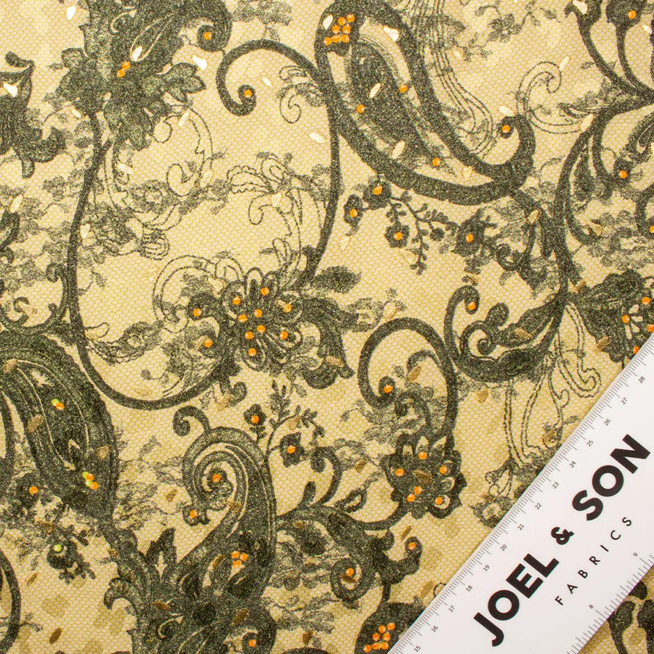 Green Floral Print on Beige Silk Fabric