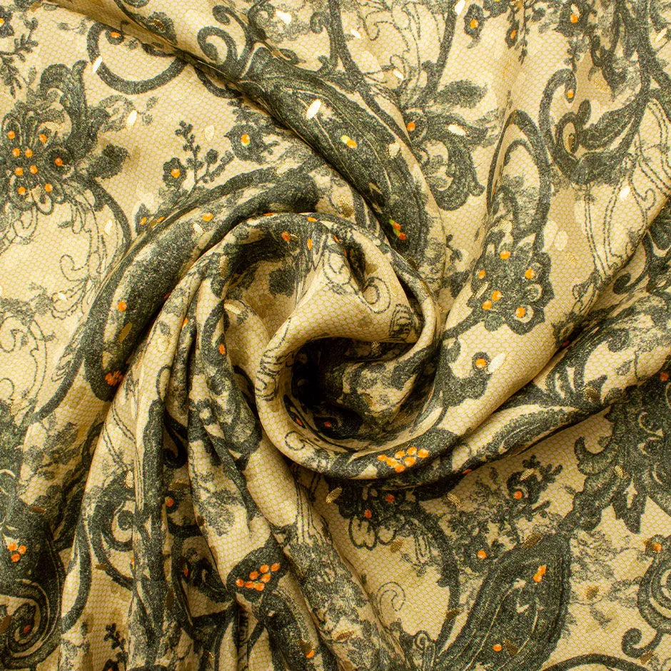 Green Floral Print on Beige Silk Fabric