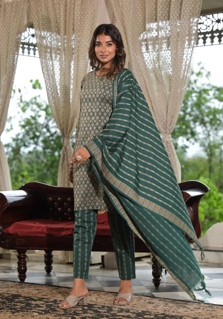 Green Geometric Printed Cotton Kurta Pant Set With Tassels On Dupatta