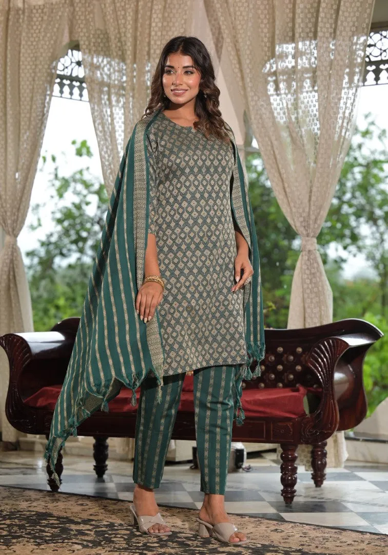 Green Geometric Printed Cotton Kurta Pant Set With Tassels On Dupatta