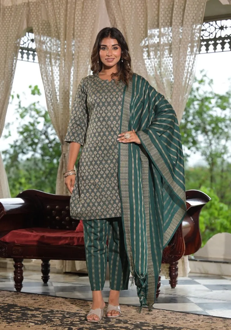 Green Geometric Printed Cotton Kurta Pant Set With Tassels On Dupatta