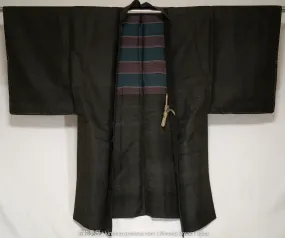 Grey & Black Antique Raw Silk Men's Haori with Marugumi Himo - Retro Style Striped Early 1900s Traditional Japanese Male Kimono Jacket - Online Shop