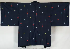 Grey, Yellow, Red Dots on Dark Blue Polyester Meisen Haori - Vintage Retro Style Kimono Jacket