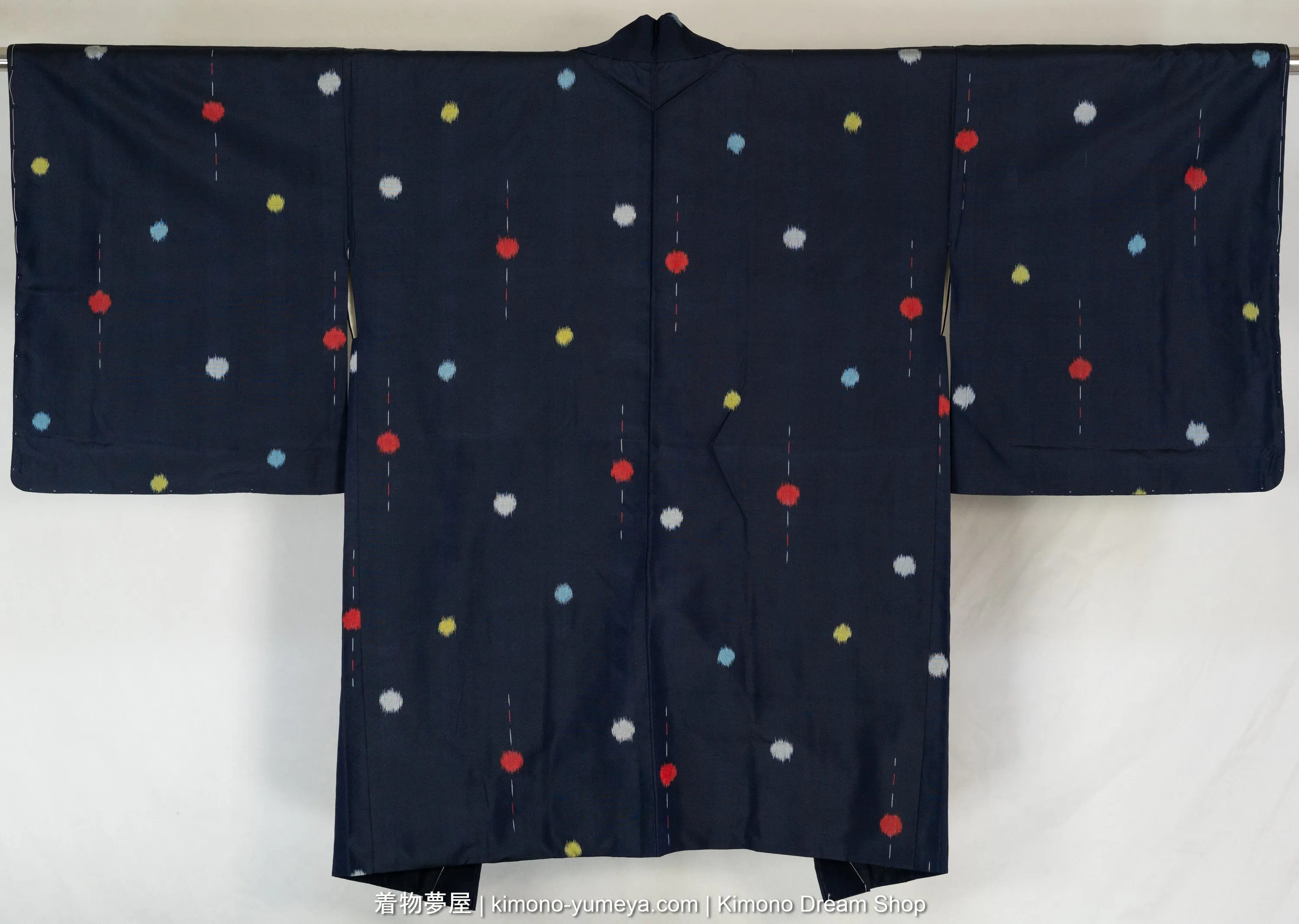 Grey, Yellow, Red Dots on Dark Blue Polyester Meisen Haori - Vintage Retro Style Kimono Jacket