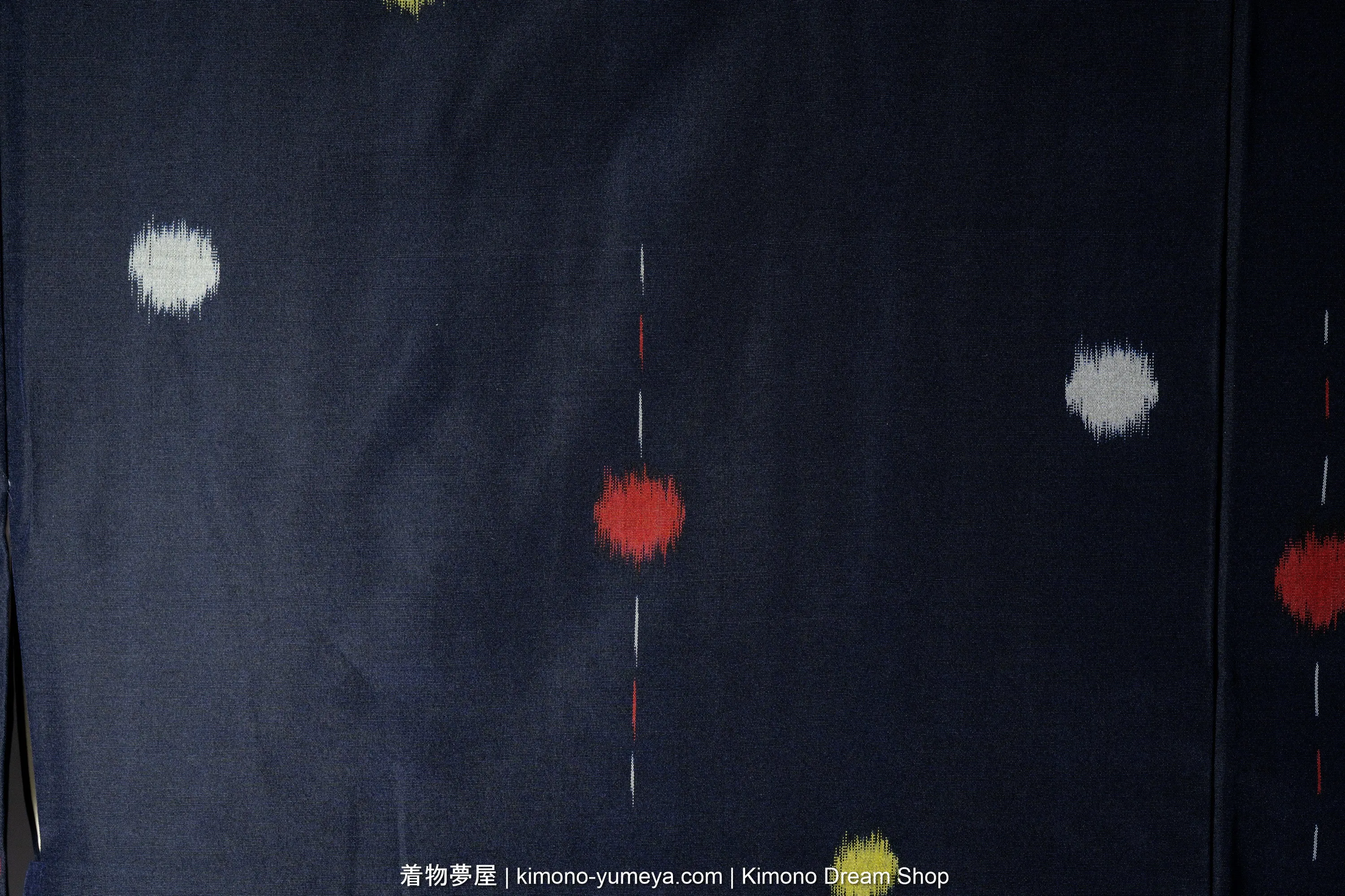 Grey, Yellow, Red Dots on Dark Blue Polyester Meisen Haori - Vintage Retro Style Kimono Jacket