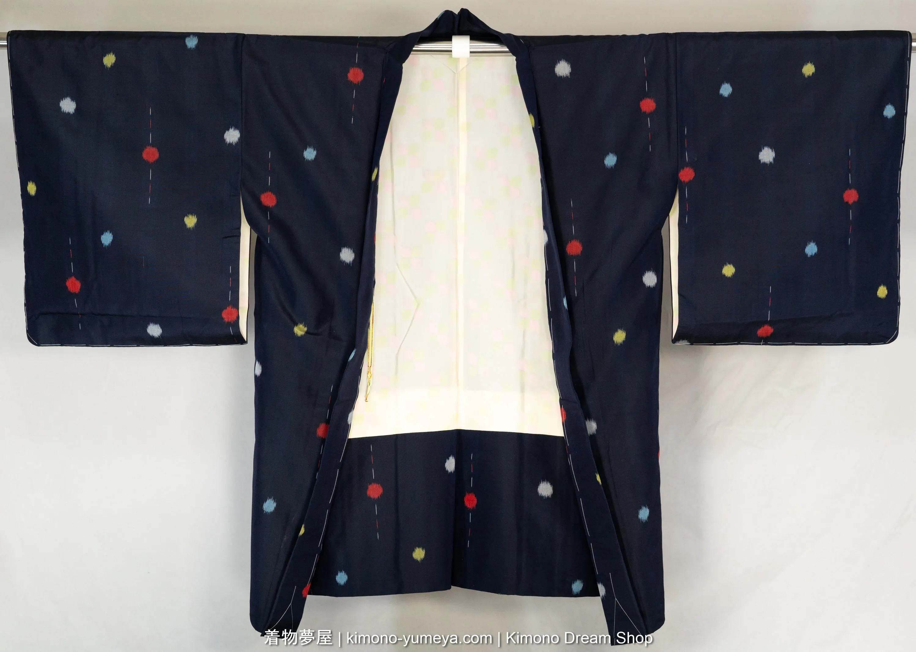 Grey, Yellow, Red Dots on Dark Blue Polyester Meisen Haori - Vintage Retro Style Kimono Jacket