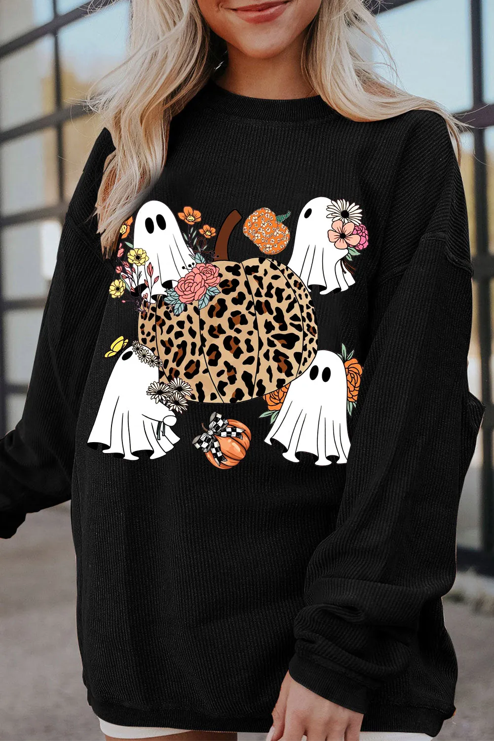 Halloween Spooky Ribbed Knit Crew Neck Pumpkin Pattern Pullover Sweatshirt