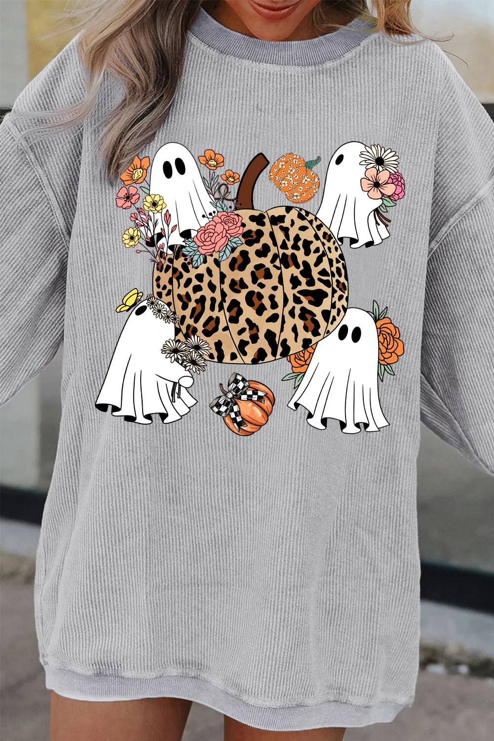 Halloween Spooky Ribbed Knit Crew Neck Pumpkin Pattern Pullover Sweatshirt