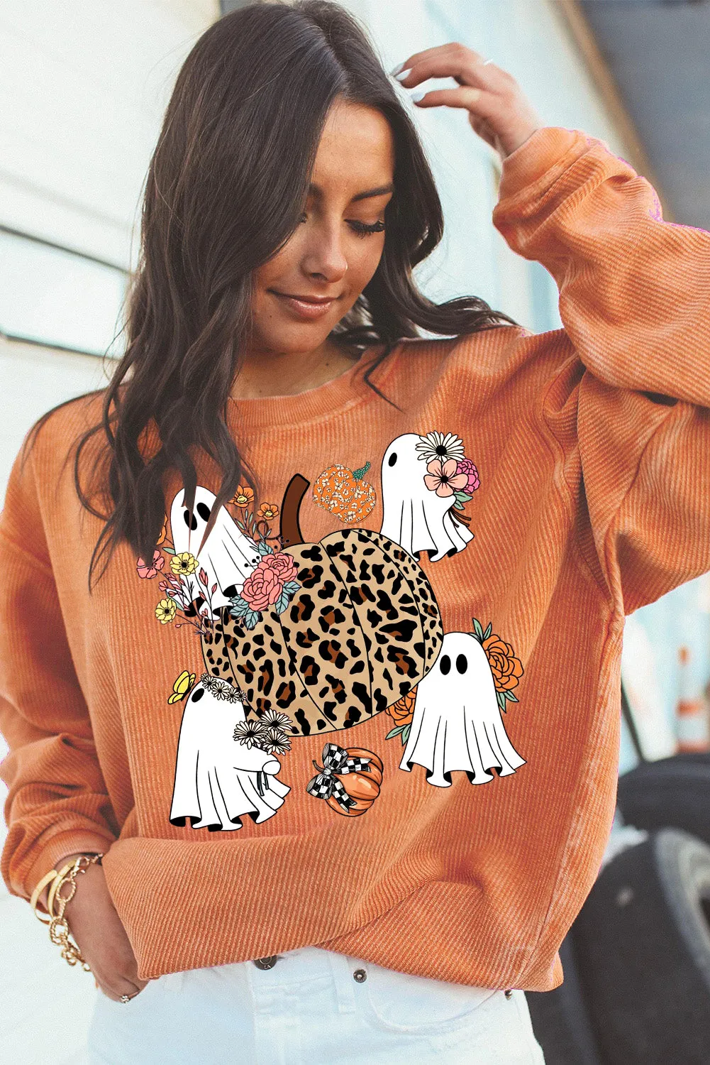 Halloween Spooky Ribbed Knit Crew Neck Pumpkin Pattern Pullover Sweatshirt