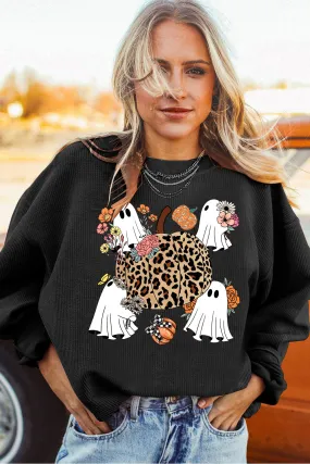 Halloween Spooky Ribbed Knit Crew Neck Pumpkin Pattern Pullover Sweatshirt