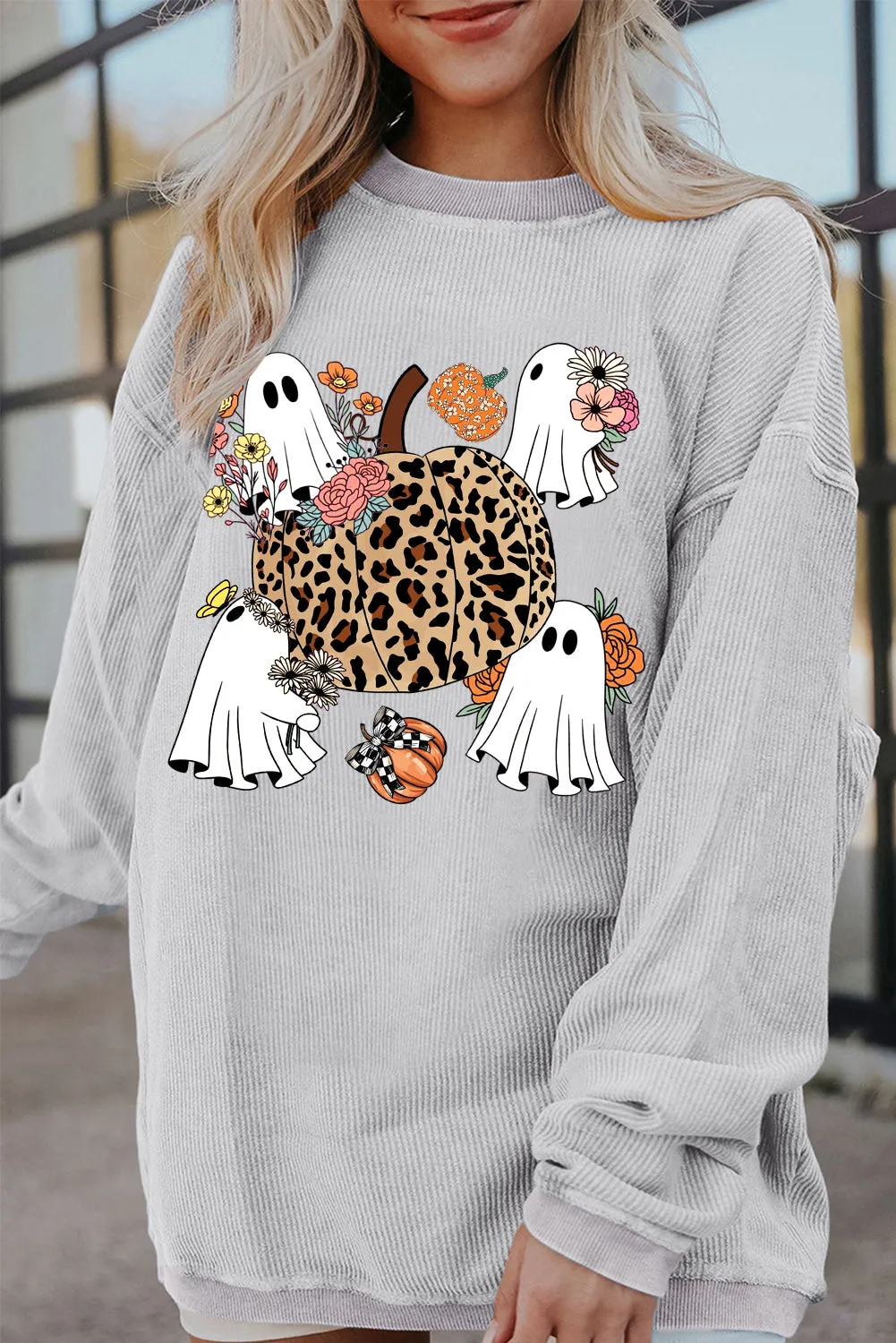 Halloween Spooky Ribbed Knit Crew Neck Pumpkin Pattern Pullover Sweatshirt