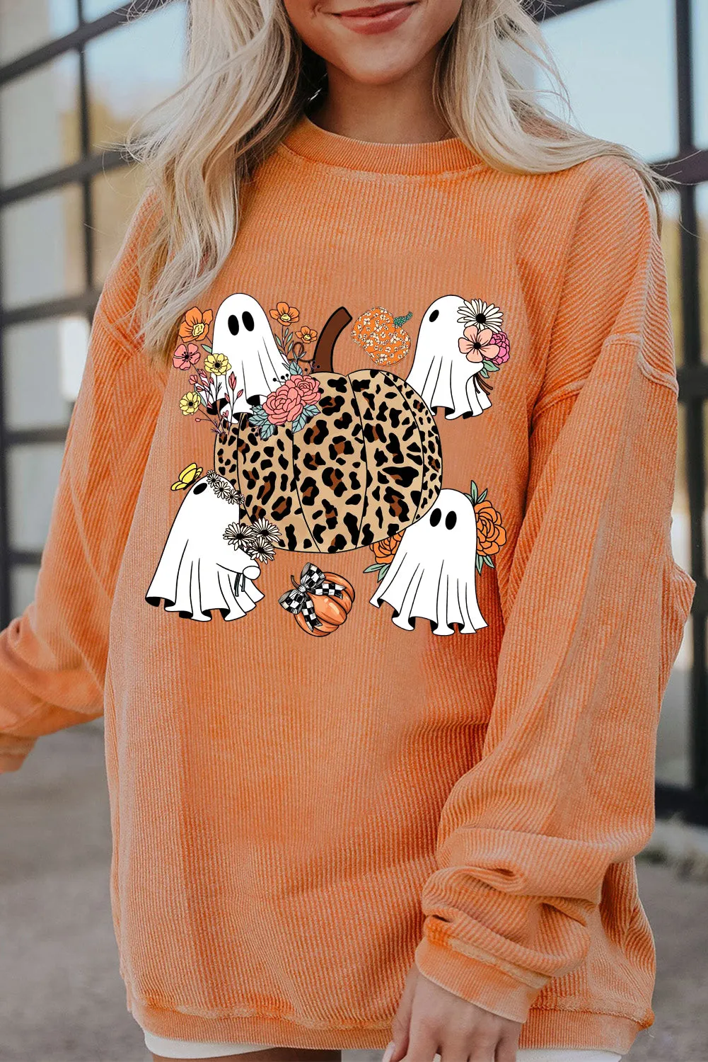 Halloween Spooky Ribbed Knit Crew Neck Pumpkin Pattern Pullover Sweatshirt