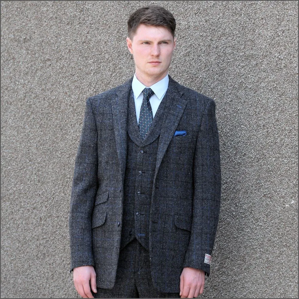 Harris Tweed Grey Marl with Blue Check 3pc Suit>