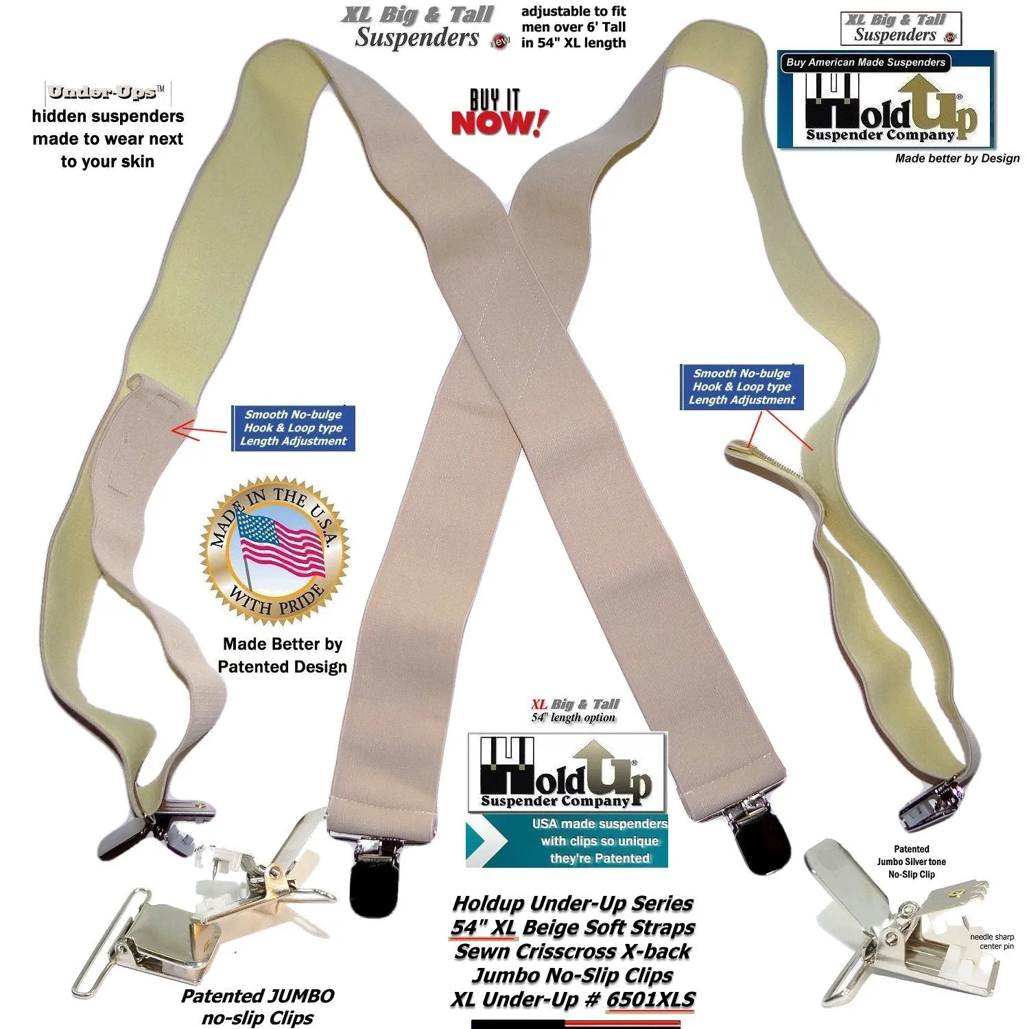 HoldUp beige Undergarment XL Hidden X-back Suspenders with Patented Silver No-slip Clips