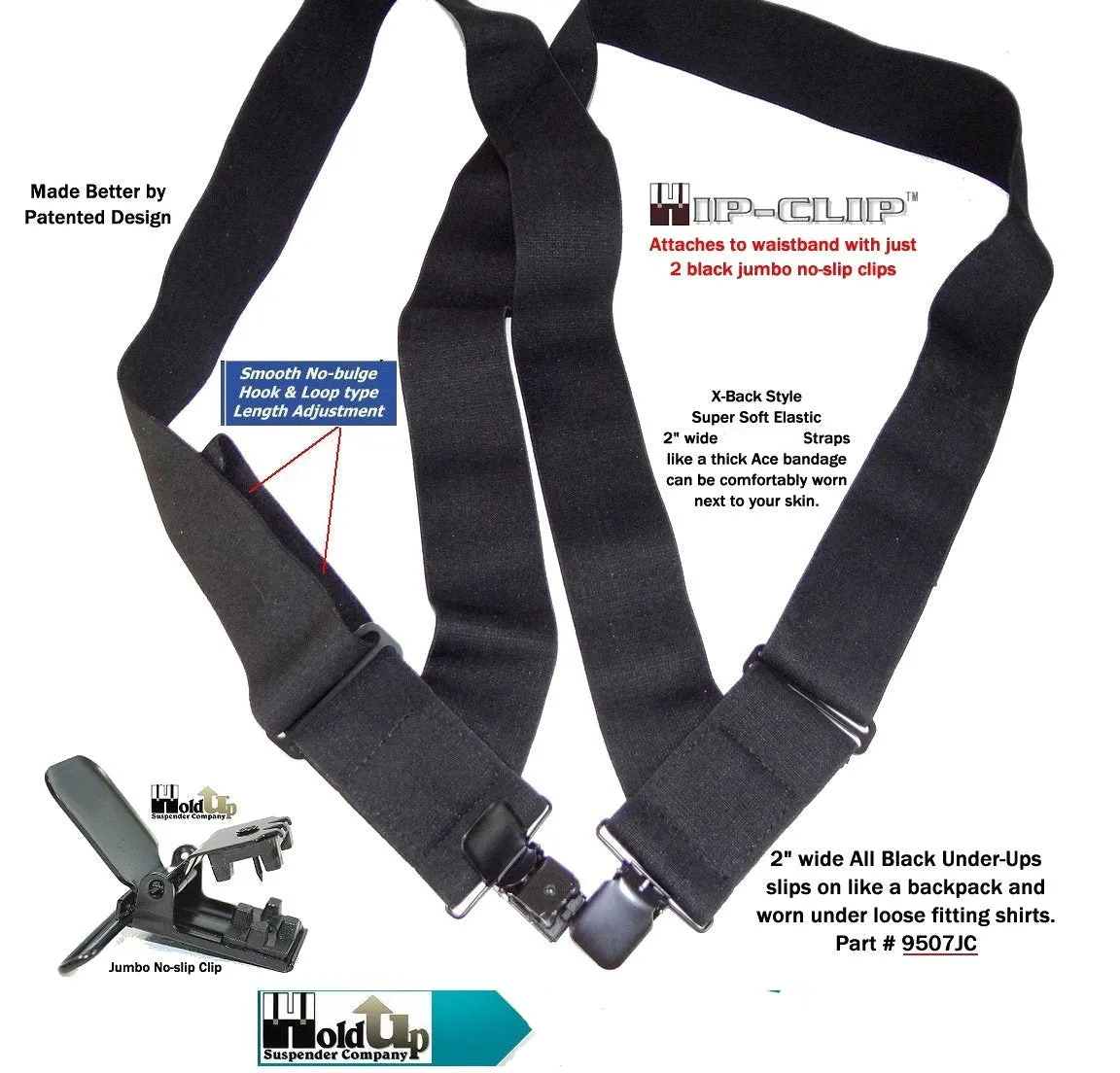 HoldUp Brand No-Slip Clip Black 2" Wide Under-Ups suspenders