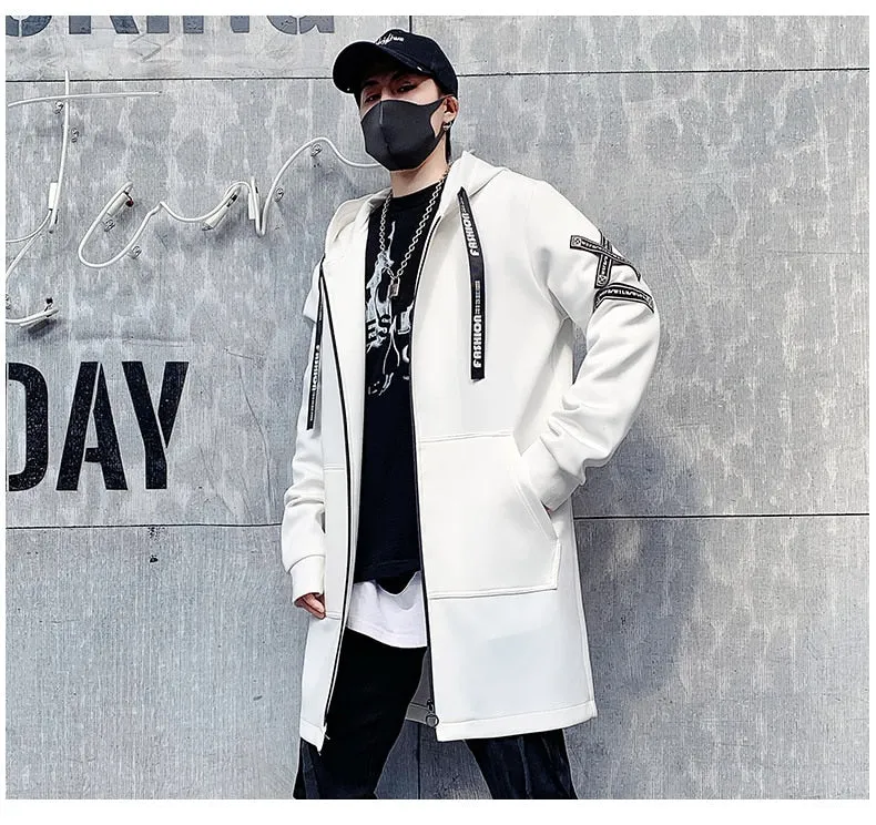 Hooded Jackets Print Harajuku Windbreaker Ribbon Overcoat Male Casual Outwear Hip Hop Streetwear Coats