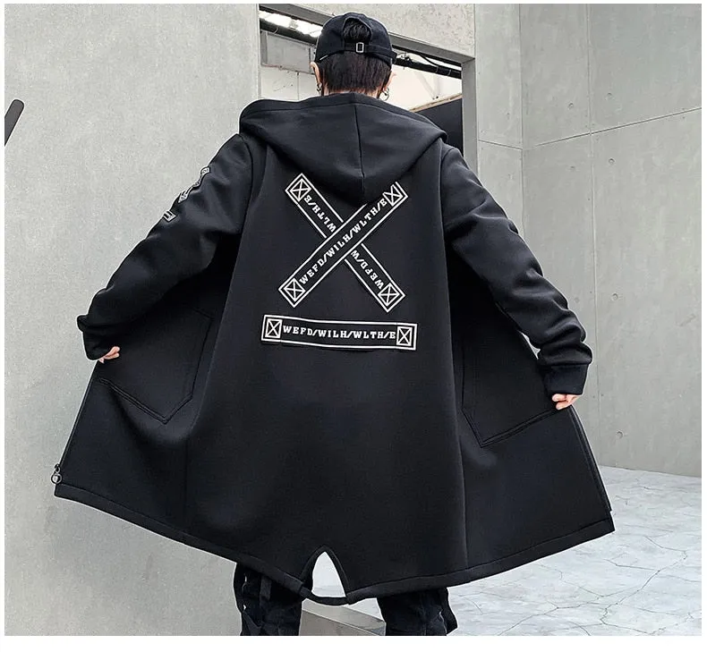 Hooded Jackets Print Harajuku Windbreaker Ribbon Overcoat Male Casual Outwear Hip Hop Streetwear Coats