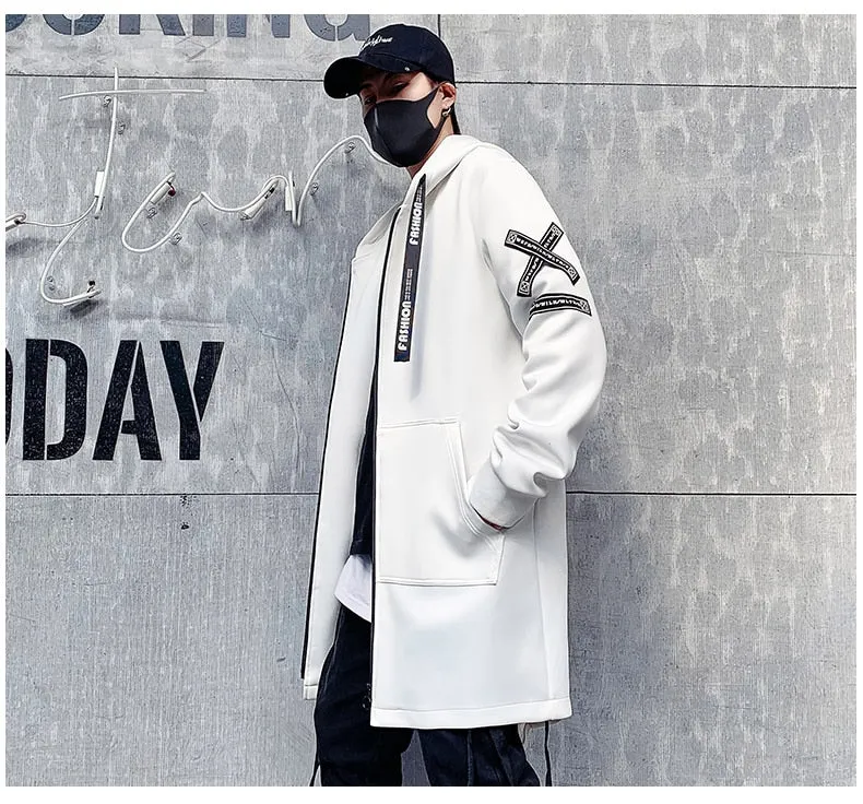 Hooded Jackets Print Harajuku Windbreaker Ribbon Overcoat Male Casual Outwear Hip Hop Streetwear Coats