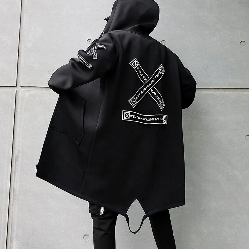 Hooded Jackets Print Harajuku Windbreaker Ribbon Overcoat Male Casual Outwear Hip Hop Streetwear Coats