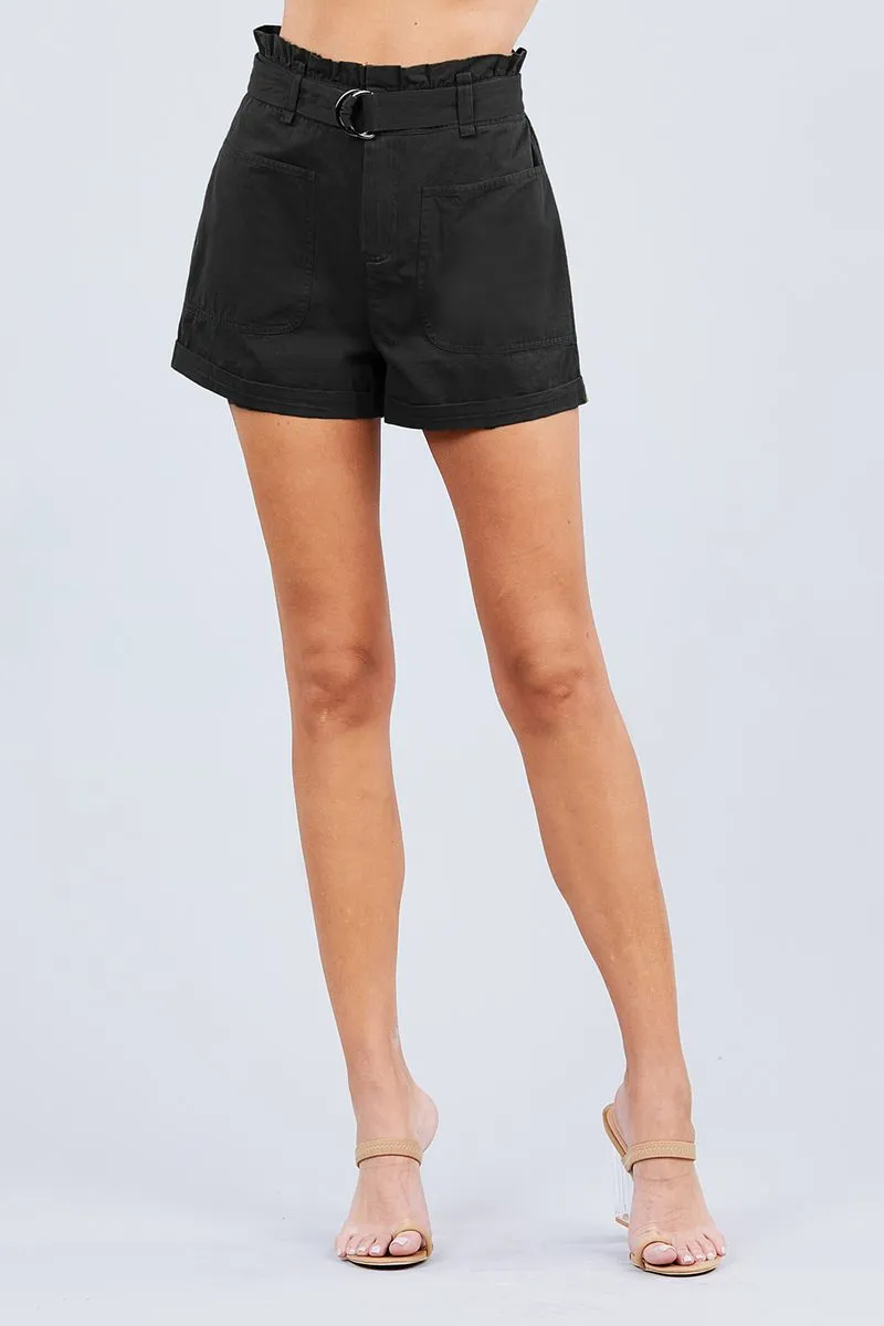 Hot Girl Belted Cotton Shorts In Black