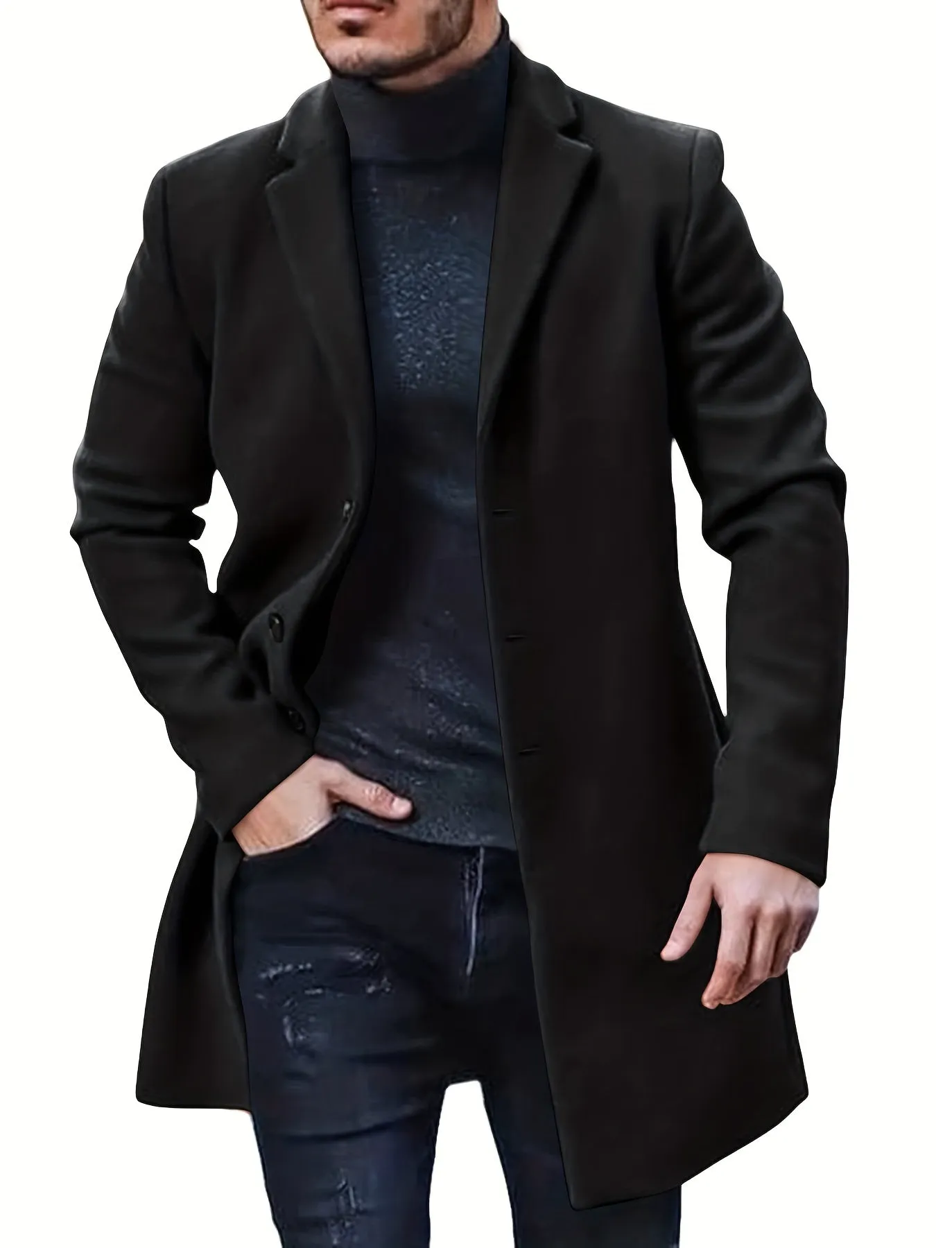 Ilooove - Men's Retro Trench Coat, Semi-formal Warm Single Breasted Overcoat For Fall Winter Business