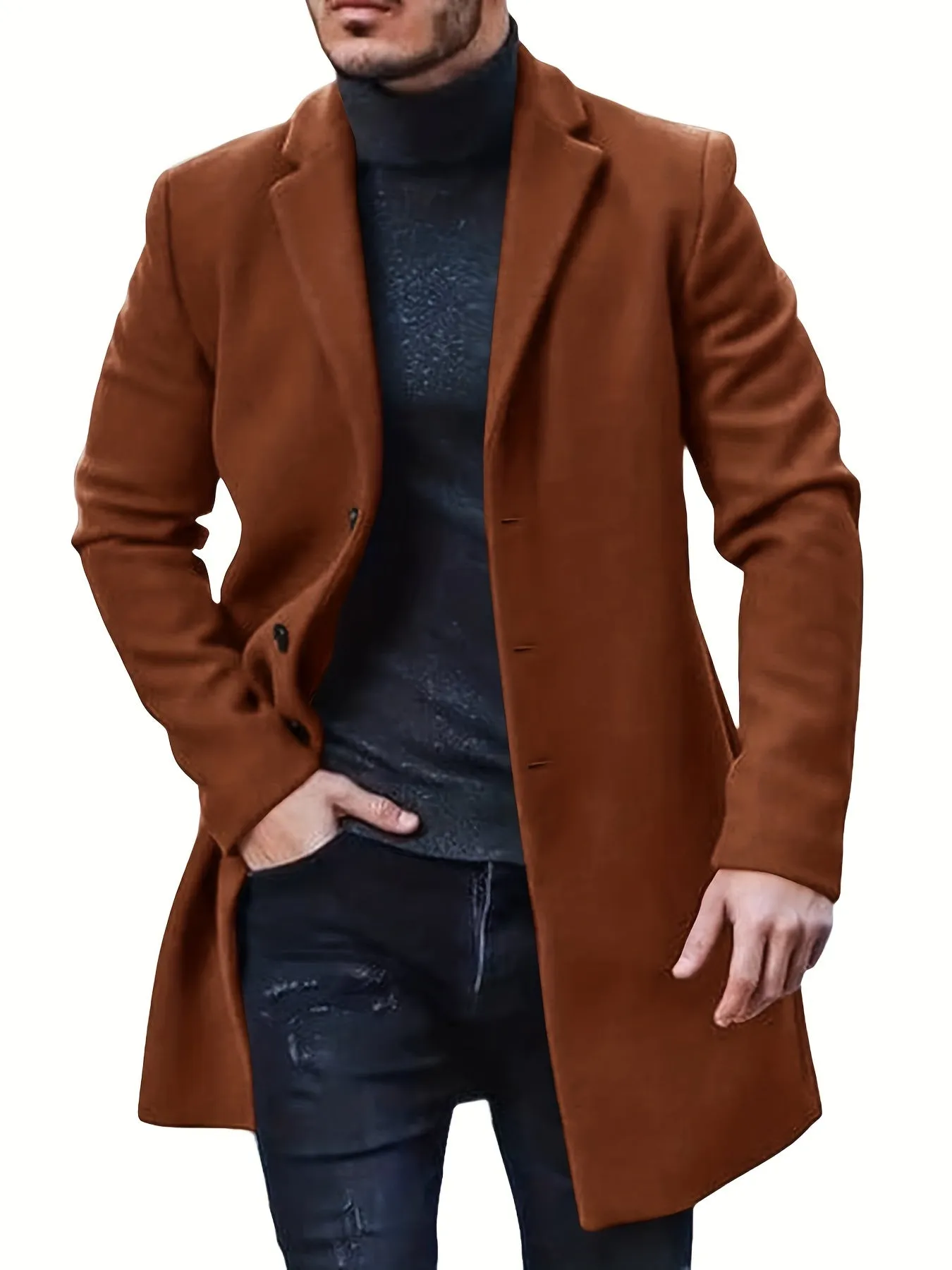 Ilooove - Men's Retro Trench Coat, Semi-formal Warm Single Breasted Overcoat For Fall Winter Business