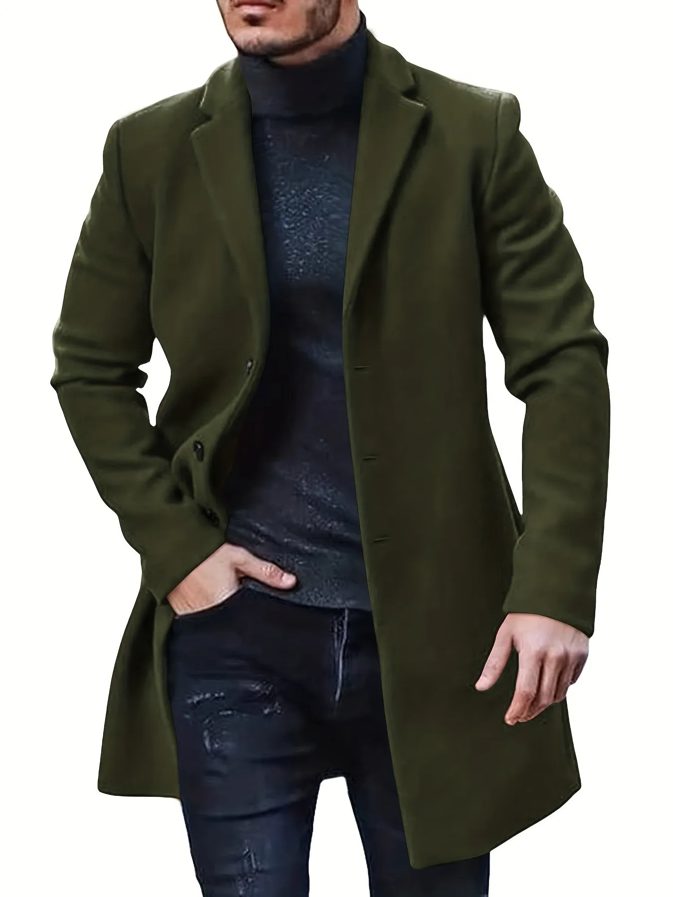 Ilooove - Men's Retro Trench Coat, Semi-formal Warm Single Breasted Overcoat For Fall Winter Business