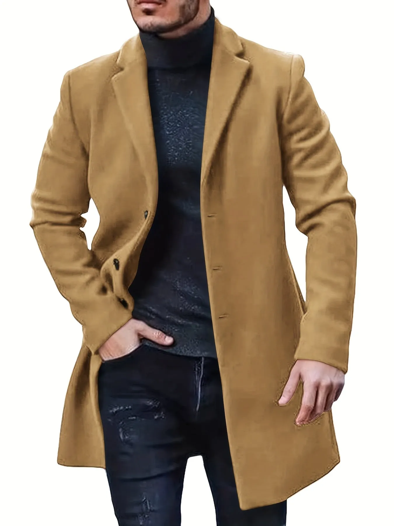 Ilooove - Men's Retro Trench Coat, Semi-formal Warm Single Breasted Overcoat For Fall Winter Business