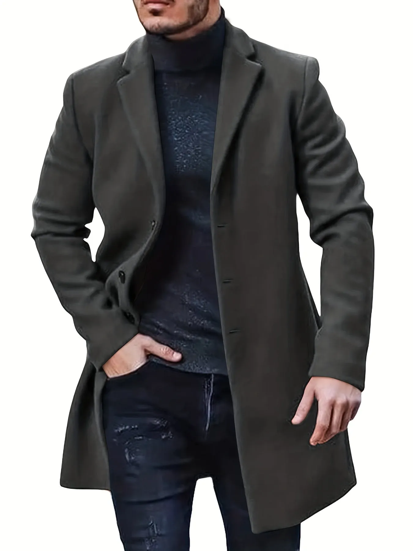 Ilooove - Men's Retro Trench Coat, Semi-formal Warm Single Breasted Overcoat For Fall Winter Business