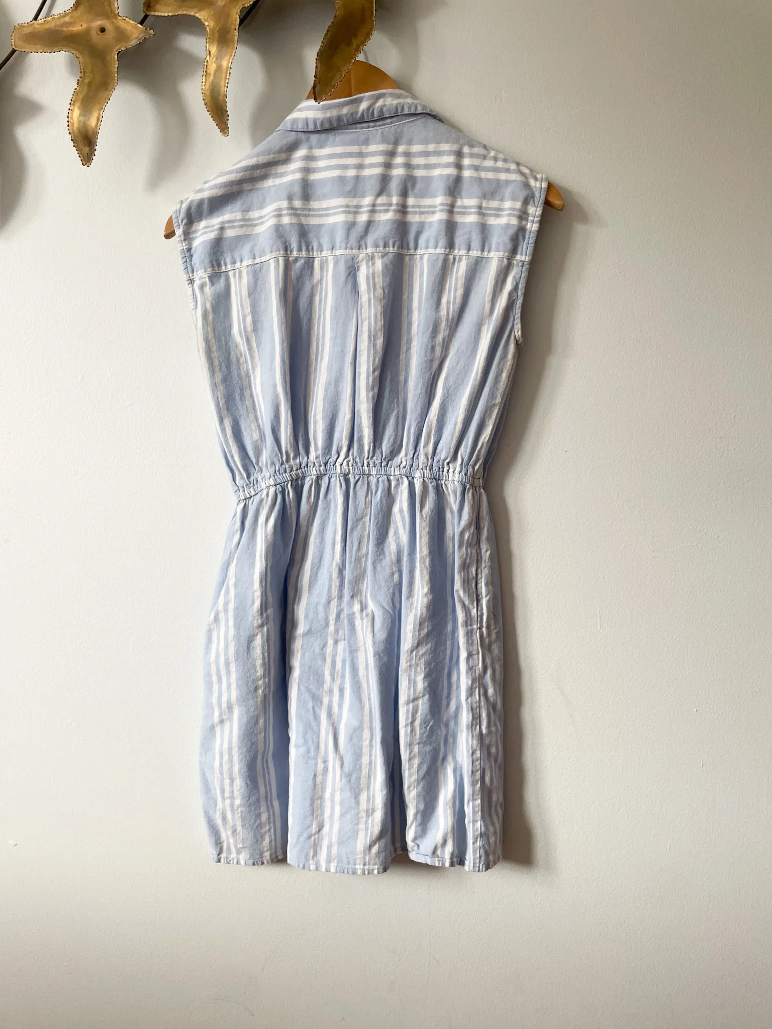 Japna Chambray Blue Stripe 100% Cotton Sleeveless Button Front Dress - Small