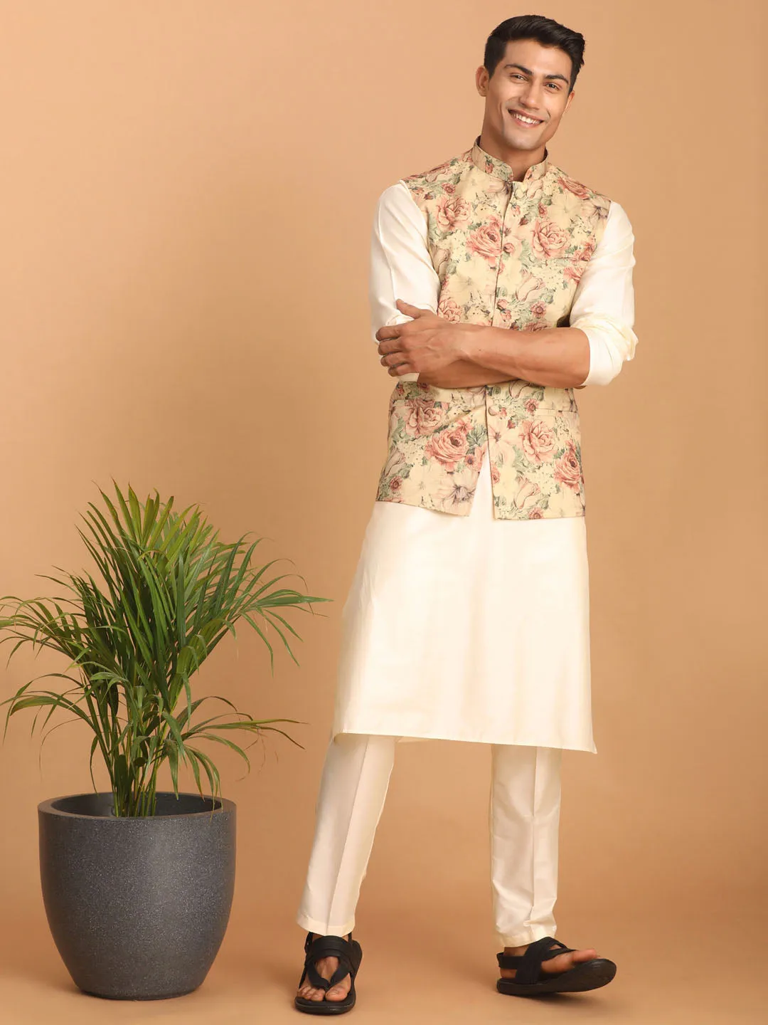 Jashvi Beige Printed Nehru Jacket And Cream Solid Kurta With Pant Set