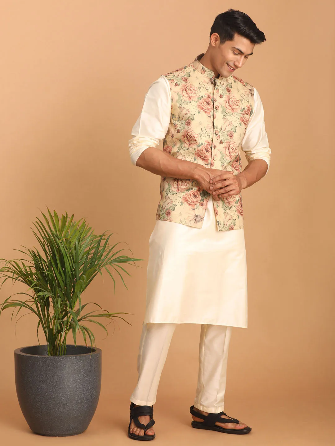 Jashvi Beige Printed Nehru Jacket And Cream Solid Kurta With Pant Set