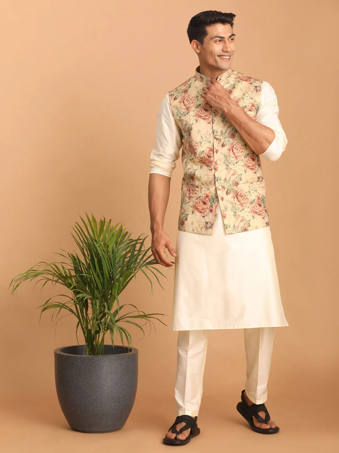 Jashvi Beige Printed Nehru Jacket And Cream Solid Kurta With Pant Set