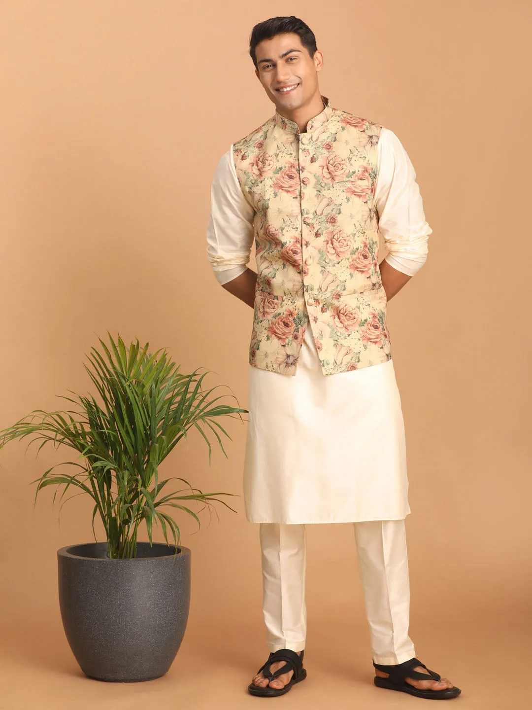 Jashvi Beige Printed Nehru Jacket And Cream Solid Kurta With Pant Set